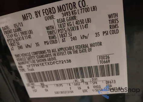 2013 Ford F-150 Lariat из США, поврежденный, VIN 1FTFW1ETXDFC72138